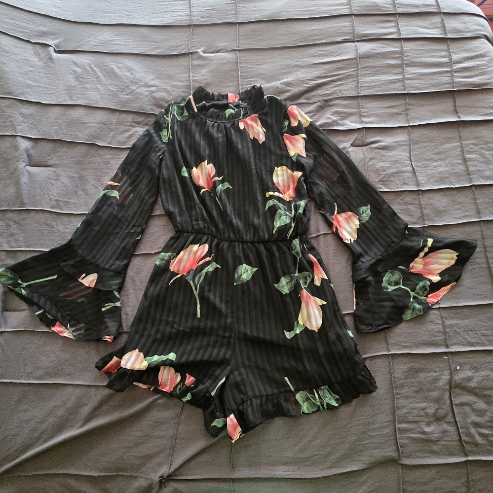 Lulus Talking Sweet Black Floral Print Long Sleeve Cutout Romper